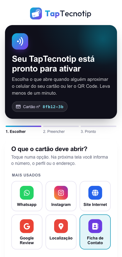 Tela de ativação: escolha o que o cartão abre