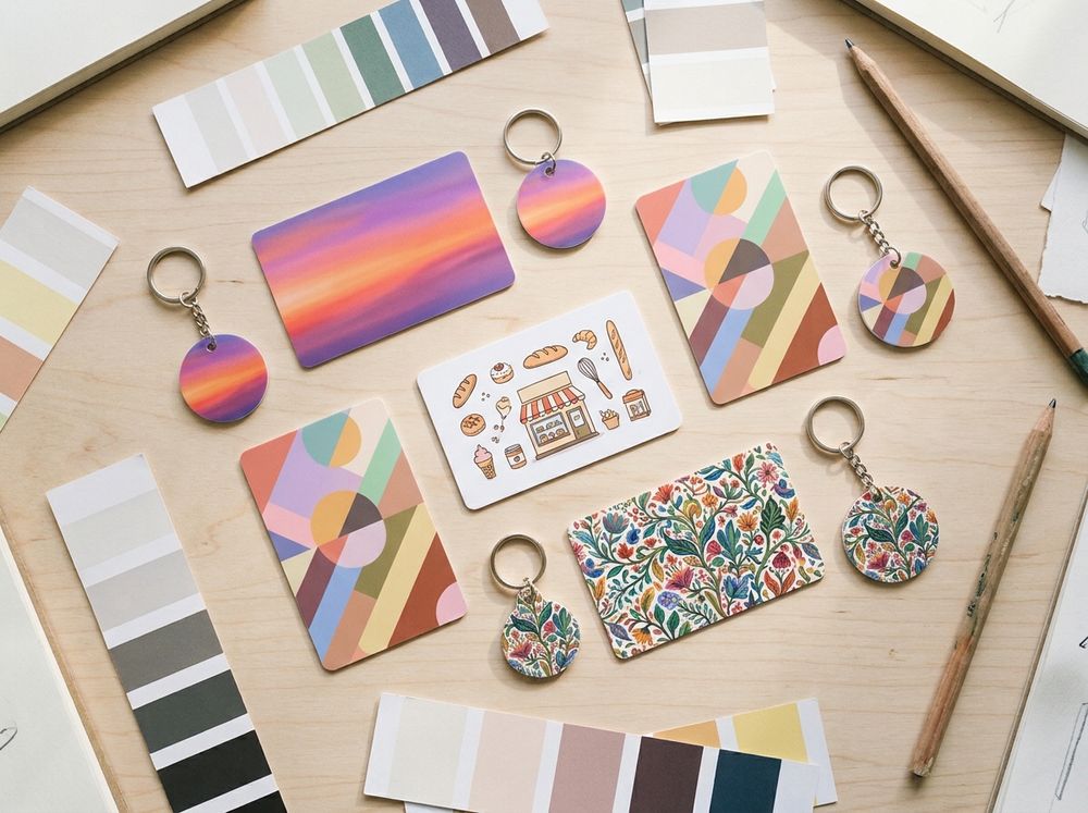 Cartões e chaveiros personalizados com artes diferentes